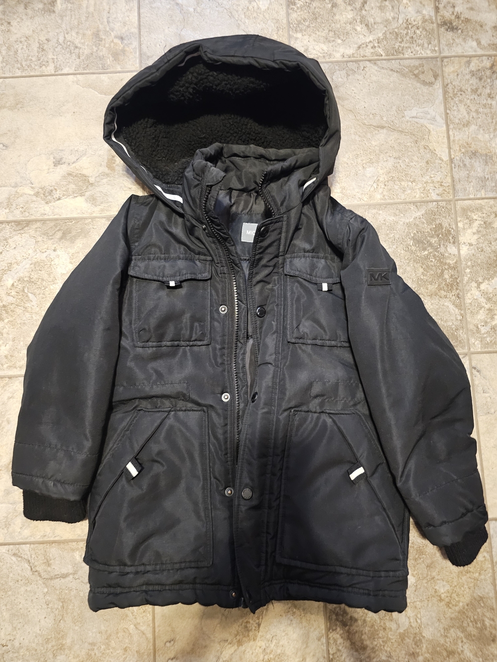 Michael Kors Kids Black Hooded Puffer Coat with Sherpa Lining